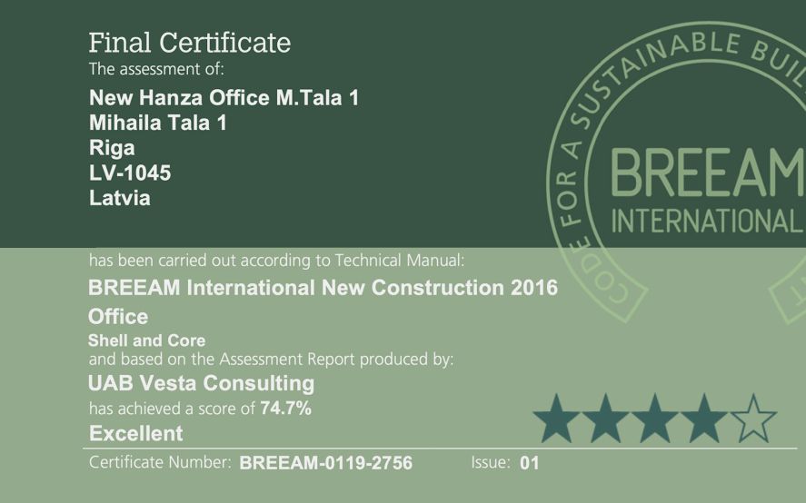 New Hanza biroji iegūst BREEAM Excellent sertifikātu